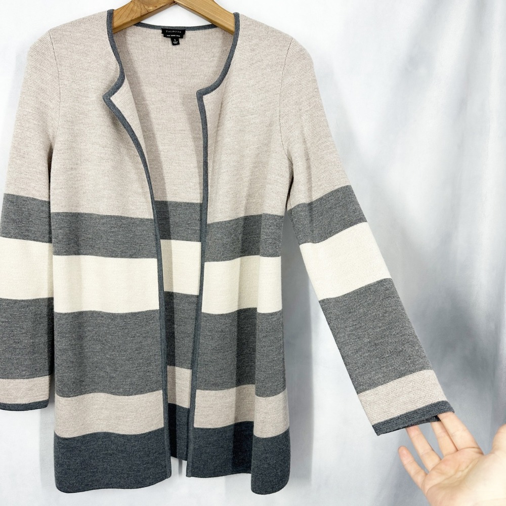 Talbots 100% Merino Wool Neutral Stripe Open Front Cardigan Swearer Size Small - Picture 2 of 13